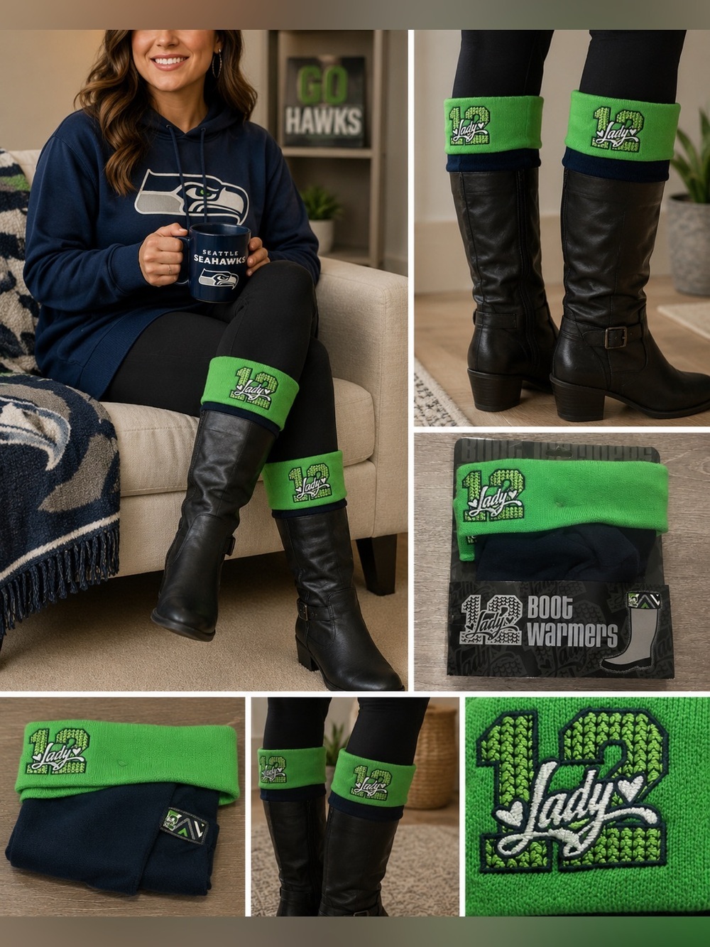 Seattle Seahawks Lady 12 Boot Warmers Cuff Socks Topper NWT Green Blue
